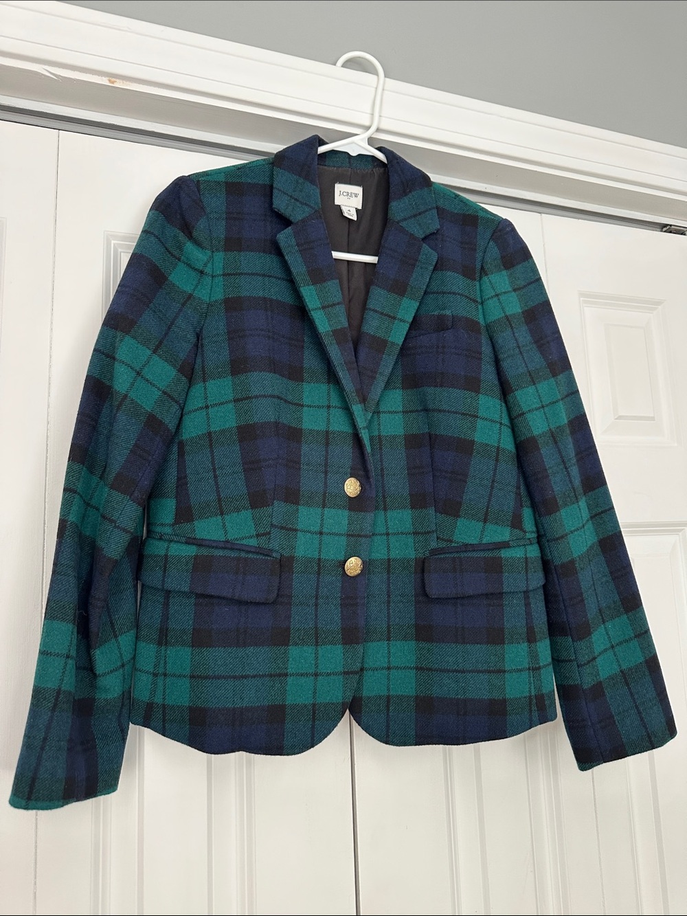 J. Crew Navy and Green Plaid Wool Blazer with Gold Buttons